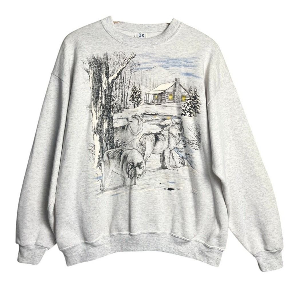 vtg wolf‎ scene 90s wildlife snow crewneck pullover howling enchanted womens xxl